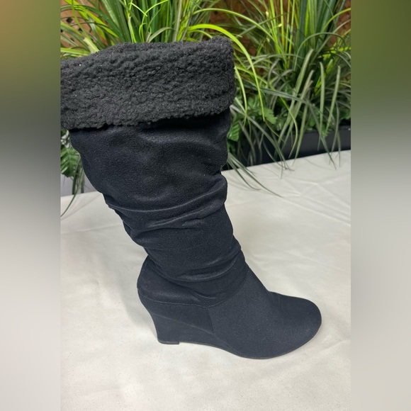 Black Suede Wedge Heeled Boot Lined with Sherpa - Picture 6 of 7